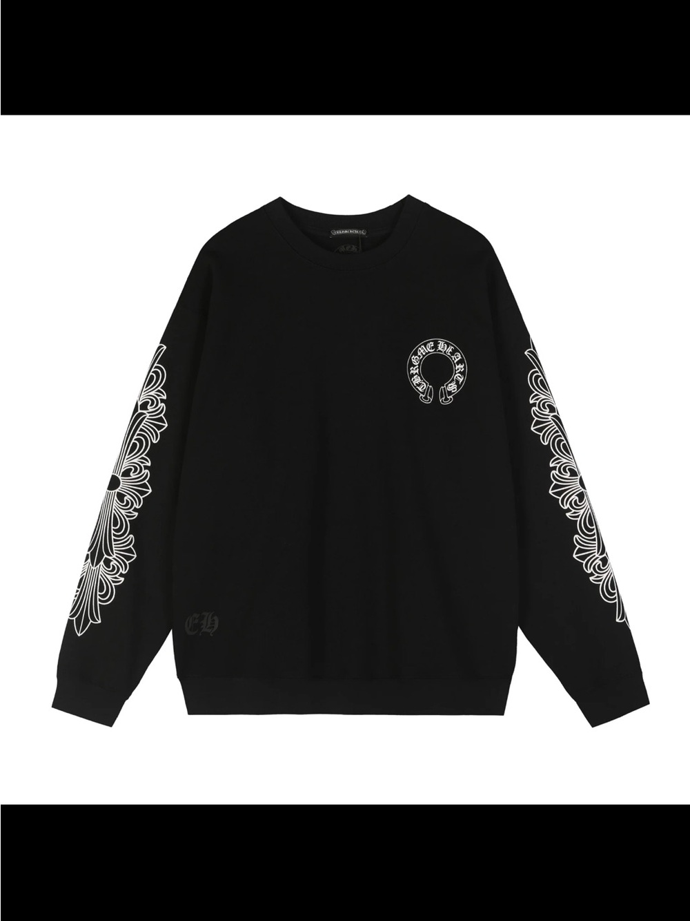 Chrome Hearts Black Crewneck Sweater with White Sleeve Graphics